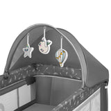 Patut pliant, Lionelo, Sven Plus, 120x60 cm, Cu doua nivele, Cu arcada jucarii, masuta de infasat, vibratii, melodii, conform cu standardele europeane de securitate EN716 si EN12221, Grey