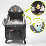 Patut pliant, Lionelo, Sven Plus, 120x60 cm, Cu doua nivele, Cu arcada jucarii, masuta de infasat, vibratii, melodii, conform cu standardele europeane de securitate EN716 si EN12221, Grey