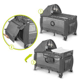 Patut pliant, Lionelo, Sven Plus, 120x60 cm, Cu doua nivele, Cu arcada jucarii, masuta de infasat, vibratii, melodii, conform cu standardele europeane de securitate EN716 si EN12221, Grey