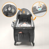 Patut pliant, Lionelo, Sven Plus, 120x60 cm, Cu doua nivele, Cu arcada jucarii, masuta de infasat, vibratii, melodii  conform cu standardele europeane de securitate EN716 si EN12221, Grey Scandi