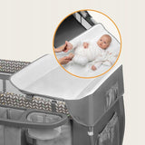 Patut pliant, Lionelo, Sven Plus, 120x60 cm, Cu doua nivele, Cu arcada jucarii, masuta de infasat, vibratii, melodii  conform cu standardele europeane de securitate EN716 si EN12221, Grey Scandi