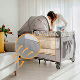 Patut pliant, Lionelo, Sven Plus, 120x60 cm, Cu doua nivele, Cu arcada jucarii, masuta de infasat, vibratii, melodii  conform cu standardele europeane de securitate EN716 si EN12221, Grey Scandi