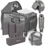 Patut pliant, Lionelo, Sven Plus, 120x60 cm, Cu doua nivele, Cu arcada jucarii, masuta de infasat, vibratii, melodii  conform cu standardele europeane de securitate EN716 si EN12221, Grey Scandi