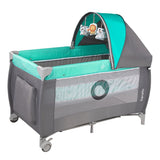 Patut pliant, Lionelo, Sven Plus, 120x60 cm, Cu doua nivele, Cu arcada jucarii, masuta de infasat, vibratii, melodii, conform cu standardele europeane de securitate EN716 si EN12221, Turcoaz/Gri