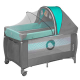 Patut pliant, Lionelo, Sven Plus, 120x60 cm, Cu doua nivele, Cu arcada jucarii, masuta de infasat, vibratii, melodii, conform cu standardele europeane de securitate EN716 si EN12221, Turcoaz/Gri