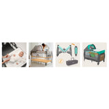 Patut pliant, Lionelo, Sven Plus, 120x60 cm, Cu doua nivele, Cu arcada jucarii, masuta de infasat, vibratii, melodii, conform cu standardele europeane de securitate EN716 si EN12221, Turcoaz/Gri