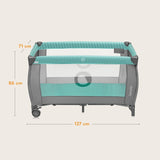 Patut pliant, Lionelo, Sven Plus, 120x60 cm, Cu doua nivele, Cu arcada jucarii, masuta de infasat, vibratii, melodii, conform cu standardele europeane de securitate EN716 si EN12221, Turcoaz/Gri