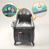 Patut pliant, Lionelo, Sven Plus, 120x60 cm, Cu doua nivele, Cu arcada jucarii, masuta de infasat, vibratii, melodii, conform cu standardele europeane de securitate EN716 si EN12221, Turcoaz/Gri