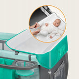 Patut pliant, Lionelo, Sven Plus, 120x60 cm, Cu doua nivele, Cu arcada jucarii, masuta de infasat, vibratii, melodii, conform cu standardele europeane de securitate EN716 si EN12221, Turcoaz/Gri