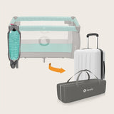 Patut pliant, Lionelo, Sven Plus, 120x60 cm, Cu doua nivele, Cu arcada jucarii, masuta de infasat, vibratii, melodii, conform cu standardele europeane de securitate EN716 si EN12221, Turcoaz/Gri