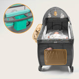 Patut pliant, Lionelo, Sven Plus, 120x60 cm, Cu doua nivele, Cu arcada jucarii, masuta de infasat, vibratii, melodii, conform cu standardele europeane de securitate EN716 si EN12221, Turcoaz/Gri