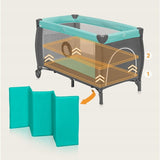 Patut pliant, Lionelo, Sven Plus, 120x60 cm, Cu doua nivele, Cu arcada jucarii, masuta de infasat, vibratii, melodii, conform cu standardele europeane de securitate EN716 si EN12221, Turcoaz/Gri