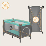 Patut pliant, Lionelo, Sven Plus, 120x60 cm, Cu doua nivele, Cu arcada jucarii, masuta de infasat, vibratii, melodii, conform cu standardele europeane de securitate EN716 si EN12221, Turcoaz/Gri
