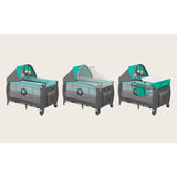 Patut pliant, Lionelo, Sven Plus, 120x60 cm, Cu doua nivele, Cu arcada jucarii, masuta de infasat, vibratii, melodii, conform cu standardele europeane de securitate EN716 si EN12221, Turcoaz/Gri