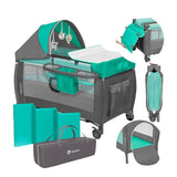 Patut pliant, Lionelo, Sven Plus, 120x60 cm, Cu doua nivele, Cu arcada jucarii, masuta de infasat, vibratii, melodii, conform cu standardele europeane de securitate EN716 si EN12221, Turcoaz/Gri
