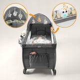 Patut pliant, Lionelo, Sven Plus, 120x60 cm, Cu doua nivele, Cu arcada jucarii, masuta de infasat  vibratii, melodii, conform cu standardele europeane de securitate EN716 si EN12221, Yellow Scandi