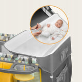 Patut pliant, Lionelo, Sven Plus, 120x60 cm, Cu doua nivele, Cu arcada jucarii, masuta de infasat  vibratii, melodii, conform cu standardele europeane de securitate EN716 si EN12221, Yellow Scandi