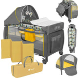 Patut pliant, Lionelo, Sven Plus, 120x60 cm, Cu doua nivele, Cu arcada jucarii, masuta de infasat  vibratii, melodii, conform cu standardele europeane de securitate EN716 si EN12221, Yellow Scandi
