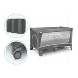 Patut pliant, Lionelo, Flower, Cu doua nivele, Cu arcada, Geanta transport, Masuta de infasat, Bara cu jucarii, Fereastra laterala, 120x60 cm, Conform cu standardele europeane de securitate EN 716 si EN12221, Gri