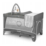Patut pliant, Lionelo, Flower, Cu doua nivele, Cu arcada, Geanta transport, Masuta de infasat, Bara cu jucarii, Fereastra laterala, 120x60 cm, Conform cu standardele europeane de securitate EN 716 si EN12221, Gri