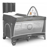 Patut pliant, Lionelo, Flower, Cu doua nivele, Cu arcada, Geanta transport, Masuta de infasat, Bara cu jucarii, Fereastra laterala, 120x60 cm, Conform cu standardele europeane de securitate EN 716 si EN12221, Gri