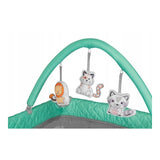 Patut pliant, Lionelo, Flower, Cu doua nivele, Cu arcada, Geanta transport, Masuta de infasat, Bara cu jucarii, Fereastra laterala, 120x60 cm, Conform cu standardele europeane de securitate EN 716 si EN12221, Turcoaz