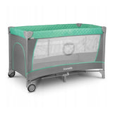 Patut pliant, Lionelo, Flower, Cu doua nivele, Cu arcada, Geanta transport, Masuta de infasat, Bara cu jucarii, Fereastra laterala, 120x60 cm, Conform cu standardele europeane de securitate EN 716 si EN12221, Turcoaz