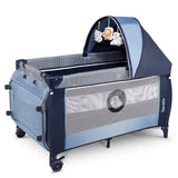 Patut pliant, Lionelo, Sven Plus, 120x60 cm, Cu doua nivele, Cu arcada jucarii, masuta de infasat, vibratii, melodii, conform cu standardele europeane de securitate EN716 si EN12221, Blue Navy