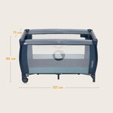 Patut pliant, Lionelo, Sven Plus, 120x60 cm, Cu doua nivele, Cu arcada jucarii, masuta de infasat, vibratii, melodii, conform cu standardele europeane de securitate EN716 si EN12221, Blue Navy