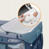 Patut pliant, Lionelo, Sven Plus, 120x60 cm, Cu doua nivele, Cu arcada jucarii, masuta de infasat, vibratii, melodii, conform cu standardele europeane de securitate EN716 si EN12221, Blue Navy