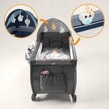 Patut pliant, Lionelo, Sven Plus, 120x60 cm, Cu doua nivele, Cu arcada jucarii, masuta de infasat, vibratii, melodii, conform cu standardele europeane de securitate EN716 si EN12221, Blue Navy