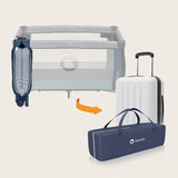 Patut pliant, Lionelo, Sven Plus, 120x60 cm, Cu doua nivele, Cu arcada jucarii, masuta de infasat, vibratii, melodii, conform cu standardele europeane de securitate EN716 si EN12221, Blue Navy