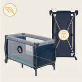 Patut pliant, Lionelo, Sven Plus, 120x60 cm, Cu doua nivele, Cu arcada jucarii, masuta de infasat, vibratii, melodii, conform cu standardele europeane de securitate EN716 si EN12221, Blue Navy