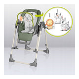 Scaun de masa si balansoar, Lionelo, Laurice, 2 in 1, Transformabil, Multifunctional, Inaltime si spatar reglabile, Cu melodii de leagan, 0 luni+, Conform cu standardele europene de securitate EN 14988, EN 16120, Verde