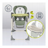 Scaun de masa si balansoar, Lionelo, Laurice, 2 in 1, Transformabil, Multifunctional, Inaltime si spatar reglabile, Cu melodii de leagan, 0 luni+, Conform cu standardele europene de securitate EN 14988, EN 16120, Verde