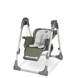 Scaun de masa si balansoar, Lionelo, Laurice, 2 in 1, Transformabil, Multifunctional, Inaltime si spatar reglabile, Cu melodii de leagan, 0 luni+, Conform cu standardele europene de securitate EN 14988, EN 16120, Verde