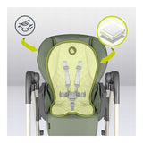 Scaun de masa si balansoar, Lionelo, Laurice, 2 in 1, Transformabil, Multifunctional, Inaltime si spatar reglabile, Cu melodii de leagan, 0 luni+, Conform cu standardele europene de securitate EN 14988, EN 16120, Verde