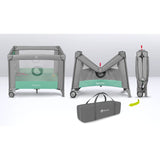 Tarc de joaca, Lionelo, Mille, Pliabil, Include covor educational incorporat cu 4 jucarii Velcro si geanta de transport, Cu roti si inchidere laterala, Saltea din spuma, 100x100 cm, Verde