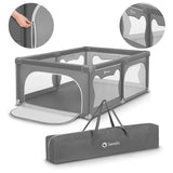 Tarc de joaca copii, Lionelo, Willow, 127 x 187 cm, Pliere compacta, Include geanta de transport, Din plasa, Cu doua intrari laterale si fermoar, Cu ventuze pentru stabilitate, Conform cu EN 12227:2010, Gri