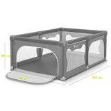 Tarc de joaca copii, Lionelo, Willow, 127 x 187 cm, Pliere compacta, Include geanta de transport, Din plasa, Cu doua intrari laterale si fermoar, Cu ventuze pentru stabilitate, Conform cu EN 12227:2010, Gri