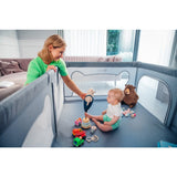 Tarc de joaca copii, Lionelo, Willow, 127 x 187 cm, Pliere compacta, Include geanta de transport, Din plasa, Cu doua intrari laterale si fermoar, Cu ventuze pentru stabilitate, Conform cu EN 12227:2010, Gri