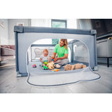 Tarc de joaca copii, Lionelo, Willow, 127 x 187 cm, Pliere compacta, Include geanta de transport, Din plasa, Cu doua intrari laterale si fermoar, Cu ventuze pentru stabilitate, Conform cu EN 12227:2010, Gri