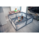 Tarc de joaca copii, Lionelo, Willow, 127 x 187 cm, Pliere compacta, Include geanta de transport, Din plasa, Cu doua intrari laterale si fermoar, Cu ventuze pentru stabilitate, Conform cu EN 12227:2010, Gri
