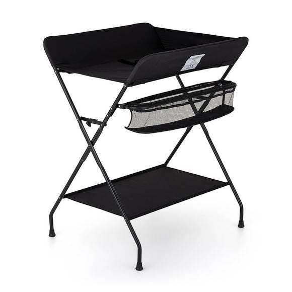 Masuta pentru infasat si schimbat scutece, Feedo, Multifunctionala, Pliabila, Cu raft pentru depozitare si compartiment lateral, Realizata din fier, panza si in, 80.5 x 67 x 102.5 cm, Negru