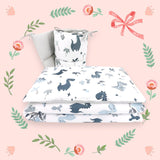 Lenjerie patut cu 3 piese, MimiNu, Pentru patut 120x60 cm, Cu protectie laterala, Din bumbac certificat Oeko Tex Standard 100, Dino Granat