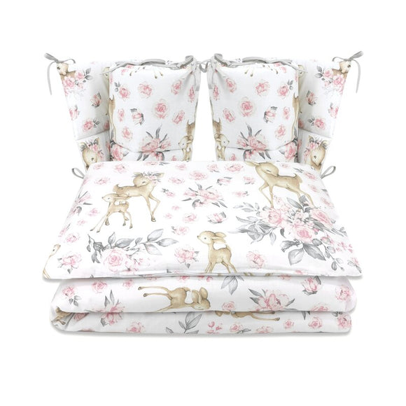 Lenjerie patut cu 4 piese, MimiNu, Pentru patut 120x60 cm, Cu doua protectii laterale, Din bumbac certificat Oeko Tex Standard 100, Sweet Deer Pink