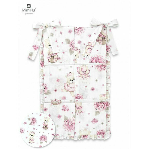 Organizator pentru patut, MimiNu, Din bumbac certificat Oeko Tex Standard 100, Cu 6 compartimente, Doua panglici, 70x40 cm, Cu volanase, Design, Pink Ballerina