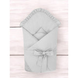 Paturica de infasat, MimiNu, Cu volanase, Cu multiple utilizari, Cu inchidere cu panglica, Dimensiune 75x75 cm, Din bumbac certificat Oeko Tex Standard 100, Cu Volanase, Colectia Royal, Grey