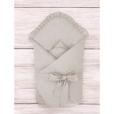 Paturica de infasat, MimiNu, Cu volanase, Cu multiple utilizari, Cu inchidere cu panglica, Dimensiune 75x75 cm, Din bumbac certificat Oeko Tex Standard 100, Cu Volanase, Colectia Royal, Beige