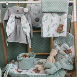 Paturica de infasat, MimiNu, Multifunctionala, Cu volanase, Cu inchidere cu panglica si arici velcro, Dimensiune 75x75 cm, Din bumbac certificat Oeko Tex Standard 100, Lulu Natural/Mint